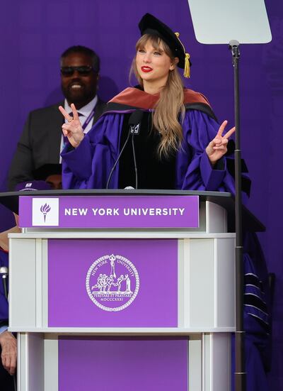 Taylor Swift delivers her New York University 2022 commencement speech at Yankee Stadium on May 18, 2022.  AFP 
