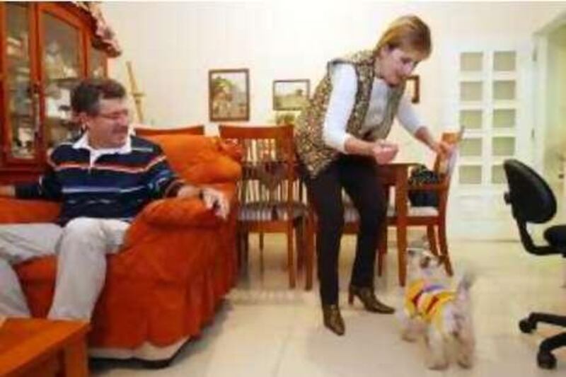 United Arab Emirates- Abu Dhabi - January 20, 2010:

HEALTH: Parthenopi (cq-al) Tsinidou (cq-al), right, gets ready to give her 9-year-old Yorkshire Terrier, Peteroulis (cq-al), an insulin shot, as spouse Peter Karagianakis (cq-al), left, watches at their home in Abu Dhabi on Wednesday, January 20, 2010.  Amy Leang/The National