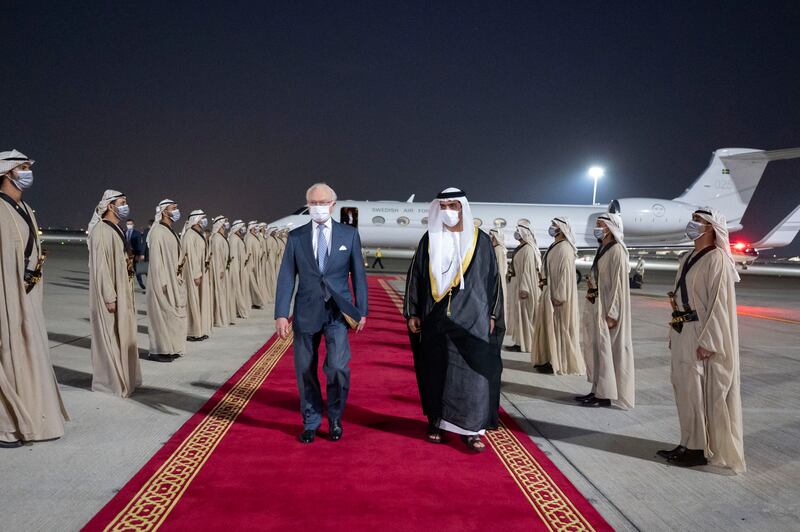 Sheikh Hamed bin Zayed, Abu Dhabi Executive Council Member, receives King Carl XVI Gustaf of Sweden in Abu Dhabi. Photo: Ministry of Presidential Affairs