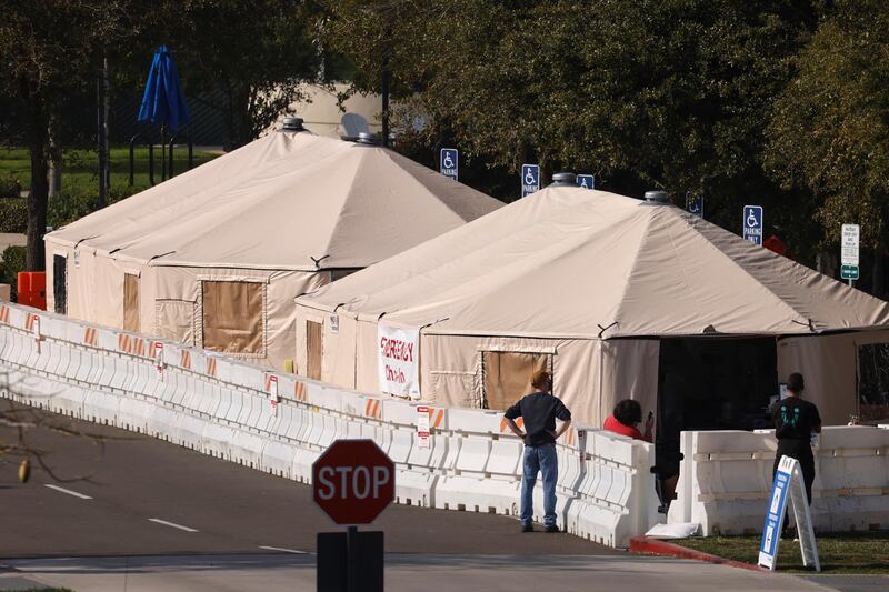 Emergency room check-in tents are shown outside the UCI Medical Center in Orange, California. Mike Blake / Reuters