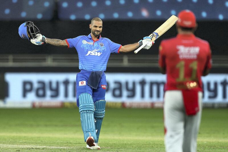 Shikhar Dhawan of Delhi Capitals celebrates the wicket of celebrates his century, ton, 100 runs during match 38 of season 13 of the Dream 11 Indian Premier League (IPL) between the Kings XI Punjab and the Delhi Capitals held at the Dubai International Cricket Stadium, Dubai in the United Arab Emirates on the 20th October 2020.  Photo by: Ron Gaunt  / Sportzpics for BCCI