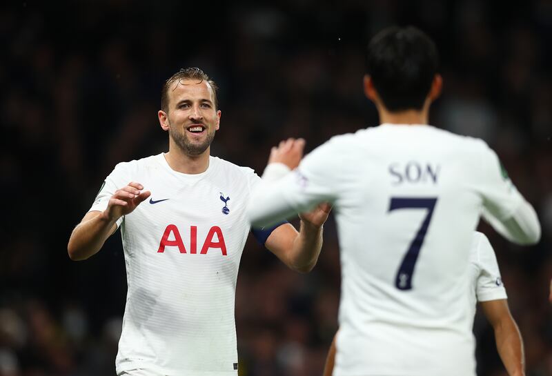 Harry Kane with Son Heung-min Son after scoring his team's fourth goal on Thursday. Getty