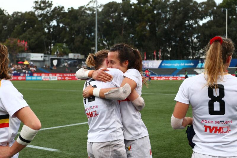 Louka Blommaert and Femke Soens celebrate a win while playing for Belgium on the Challenger Series in Uruguay. Photo: World Rugby