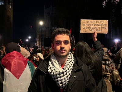 Sstudent Oussama Al Saqr joined the rally calling for a ceasefire outside the Houses of Parliament on Wednesday. Lemma Shehadi / The National