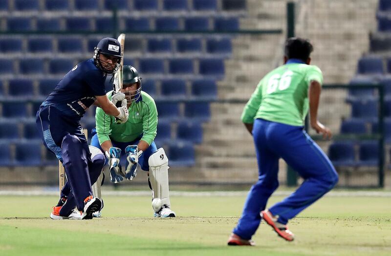 
ABU DHABI , UNITED ARAB EMIRATES , MAY 18 – 2018 :- Tariq  from Pakhtunkhwa Zalmi playing a shot during the Ramadan T20 Cup Final against Environment Agency held  at Zayed Cricket Stadium in Abu Dhabi.  ( Pawan Singh / The National )  For Sports. Story by Amith
