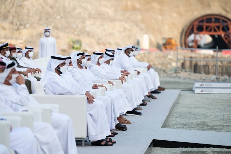 Sheikh Hamad bin Mohammed Al Sharqi,  Ruler of Fujairah, Sheikh Mohammed bin Hamad Al Sharqi, Crown Prince of Fujairah, Sheikh Theyab bin Mohamed bin Zayed, chairman of the Department of Transport and Abu Dhabi Executive Council Member, Sheikh Maktoum bin Hamad Al Sharqi and other dignitaries at the tunnel ceremony