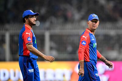Delhi Capitals' mentor Sourav Ganguly, left, with head coach Ricky Ponting. AFP