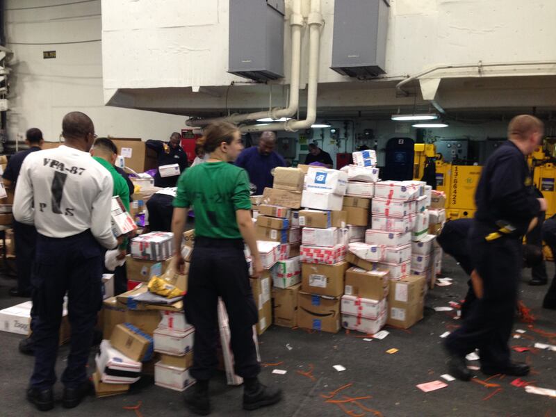 Mail and packages delivered to the USS George HW Bush on March 22, 2017.