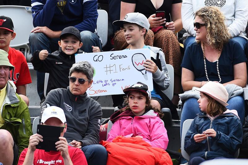 Fans of Serena Williams hold a sign during her first round match against Camila Giorgi on Day Two of the 2020 Auckland Classic. AP