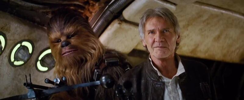 Chewbacca, left, with Harrison Ford as Han Solo in the trailer of Star Wars Episode VII: The Force Awaken.s


