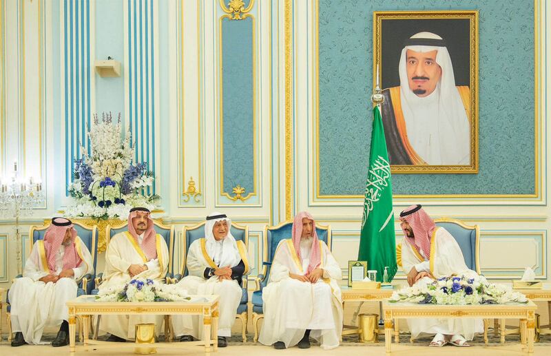 Crown Prince Mohammed bin Salman, Prime Minister of Saudi Arabia, with guests at Al Yamamah Palace in Riyadh to mark the first Friday of Ramadan.