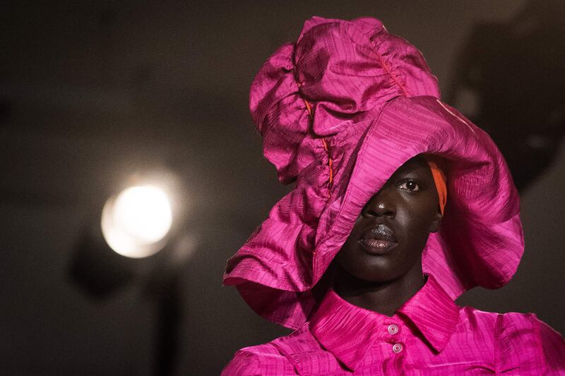 A model presents a creation from Ahluwalia's autumn/winter 2022 collection. AFP
