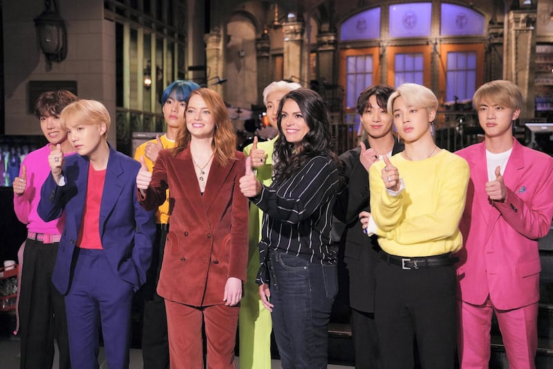 SATURDAY NIGHT LIVE -- "Emma Stone" Episode 1764 -- Pictured: (l-r) Musical guest BTS, host Emma Stone, and Cecily Strong during Promos in Studio 8H on Thursday, April 11, 2019 -- (Photo by: Rosalind O'Connor/NBC/NBCU Photo Bank via Getty Images)