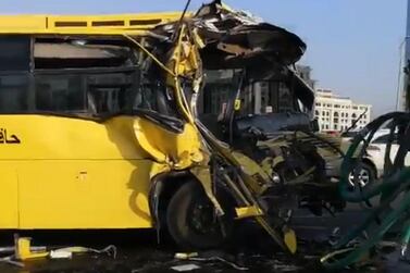 Police said 15 pupil escaped with minor injuries. A driver and two bus supervisors suffered minor and moderate injuries, officers said. Courtesy Dubai Police
