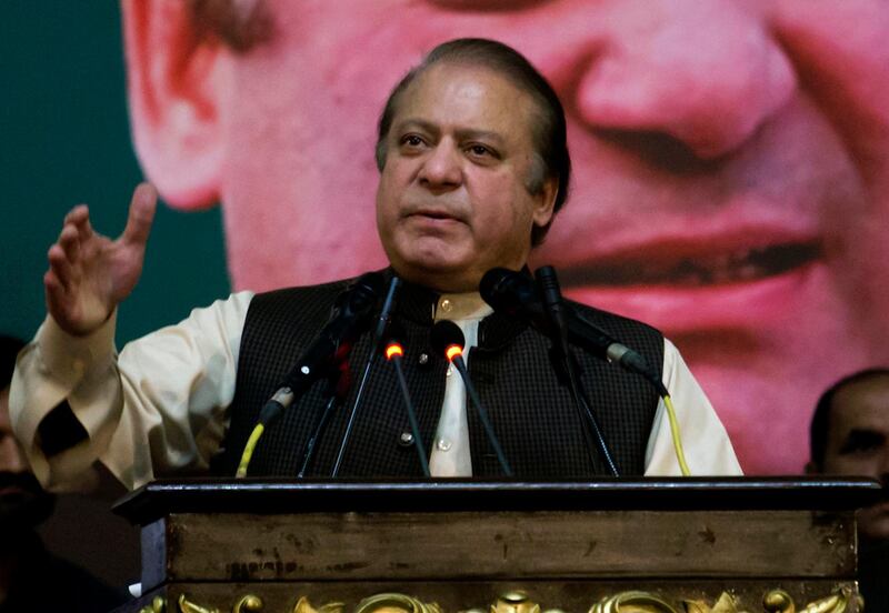 FILE - In this Oct. 3, 2017 file photo, former Pakistani Prime Minister Nawaz Sharif addresses his Pakistan Muslim League supporters during a party general council meeting in Islamabad, Pakistan. On Wednesday, Sept. 19, 2018, a Pakistani court suspended the prison sentences of Sharif, his daughter and son-in-law, and set them free on bail pending their appeal hearings. The Islamabad High Court made the decision on the corruption case handed down to the Sharifs by an anti-graft tribunal earlier this year. (AP Photo/Anjum Naveed, File)
