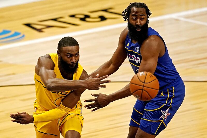 Team LeBron guard Jaylen Brown of the Boston Celtics passes the ball against Team Durant guard James Harden of the Brooklyn Nets. Reuters