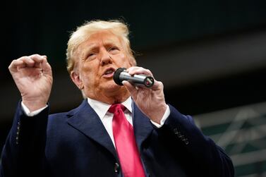 Former US President Donald Trump speaks during the 2024 Iowa Republican caucuses at Horizon Events Center in West Des Moines, Iowa, US, on Monday, Jan.  15, 2024.  Trump cruised to victory in the Iowa caucus, according to news outlets, warding off a late challenge from rivals DeSantis and Haley and cementing his status as the clear Republican frontrunner in the race. Photographer: Nathan Howard / Bloomberg                            