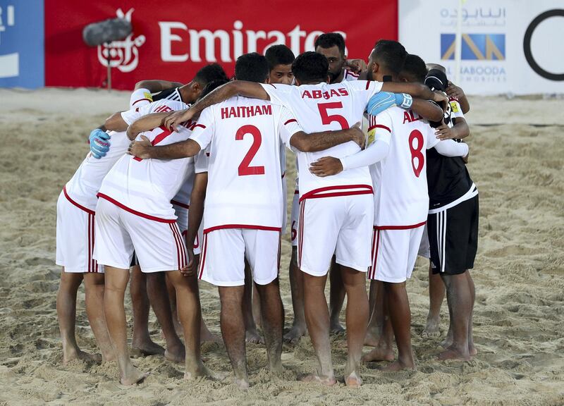 Dubai, United Arab Emirates - November 05, 2019: The UAE players before the game between the UAE and Spain during the Intercontinental Beach Soccer Cup. Tuesday the 5th of November 2019. Kite Beach, Dubai. Chris Whiteoak / The National