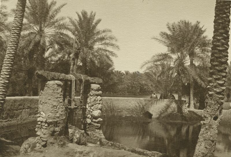 Spring pool number one (Ain al-Khudoud) and water lifting device, Ahsa Oasis, Saudi Arabia. Artist George Rendel.  (Photo by Royal Geographical Society via Getty Images)