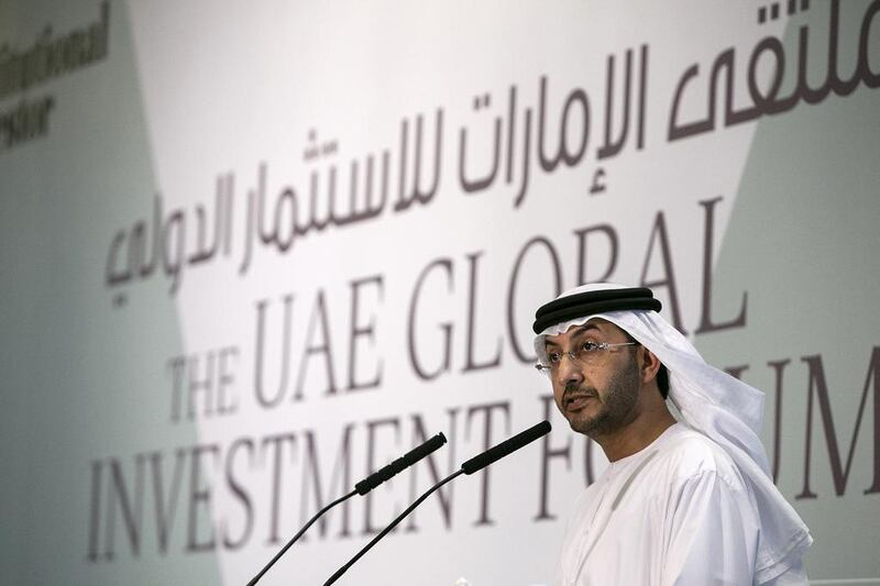 Abdullah Al Saleh, the undersecretary of the UAE Ministry of Economy, delivers his keynote address at the 6th Annual Global UAE Investment Forum. Silvia Razgova / The National