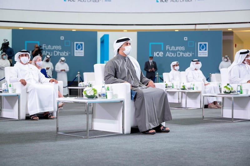 *** GENERAL CAPTION ***
AL MARYAH ISLAND, ABU DHABI, UNITED ARAB EMIRATES - March 29, 2021: HH Sheikh Mansour bin Zayed Al Nahyan, UAE Deputy Prime Minister and Minister of Presidential Affairs () attends the launch of Murban crude futures trading at Abu Dhabi Global Market, Al Maryah Island.

( Hamad Al Kaabi / Ministry of Presidential Affairs )​
---