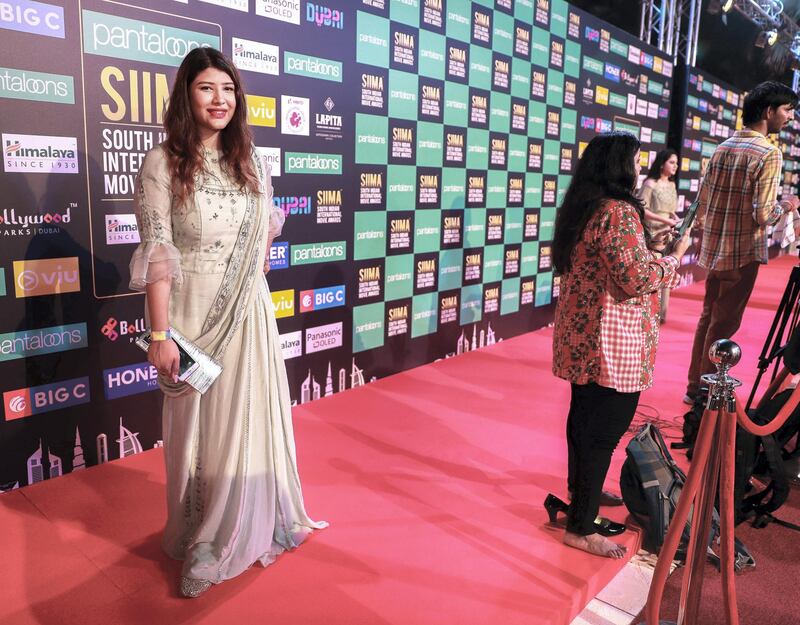 Dubai, United Arab Emirates, September 14, 2018.  SIIMA Day 1 Red Carpet. -- Meenakshi Pamnani
Victor Besa/The National
Section:  AC
Reporter:  Felicity Campbell