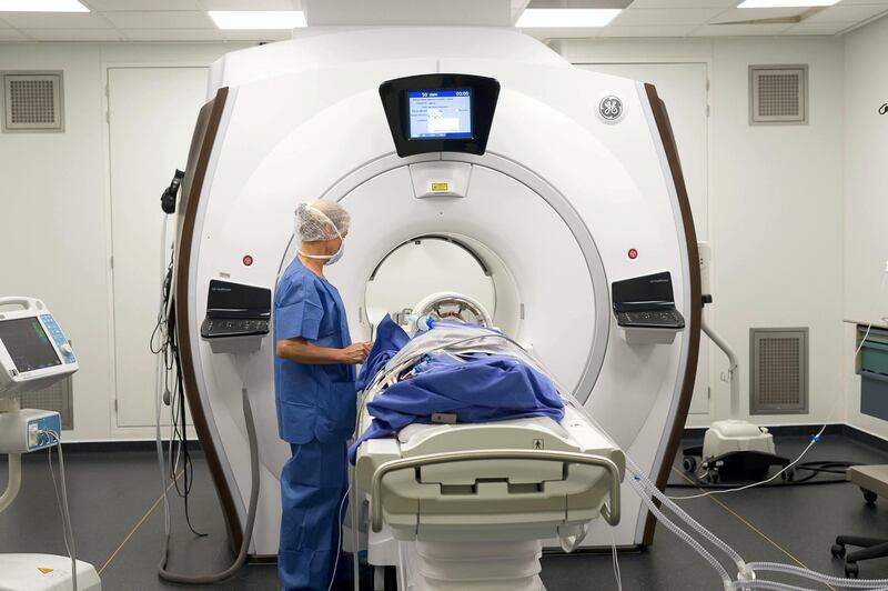 Stereotactic Neurosurgery operation, Pasteur 2 Hospital, Nice, France, Treating Parkinsons disease through deep brain stimulation, by implanting electrodes in brain, modulating abnormal cerebral electrical activity, Carrying out the pre-op MRI scan. The scan will enable electrode targets and trajectories to be established. (Photo by: BSIP/UIG via Getty Images)