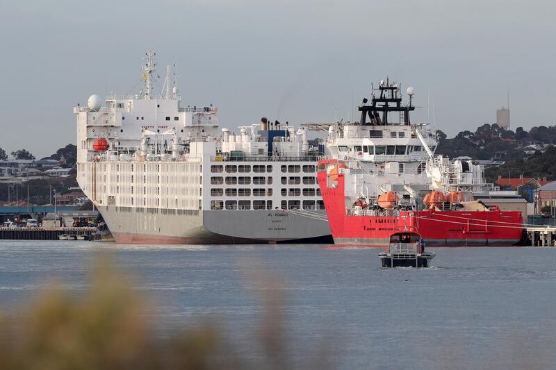 The Kuwait-flagged live export ship 'Al Kuwait' moors in Fremantle, Australia. The ship arrived in Fremantle from the UAE on May 22 and six crew members have tested positive for coronavirus. They have been moved off the ship to a Perth hotel for quarantine.  EPA