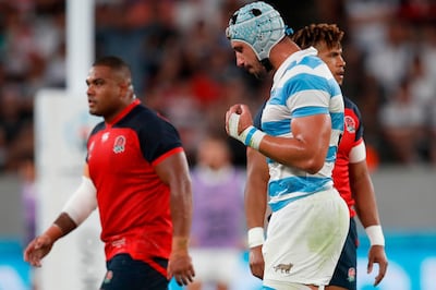 Argentina's lock Tomas Lavanini leaves the field after receiving a red card during the Japan 2019 Rugby World Cup Pool C match between England and Argentina at the Tokyo Stadium in Tokyo on October 5, 2019. / AFP / Odd ANDERSEN
