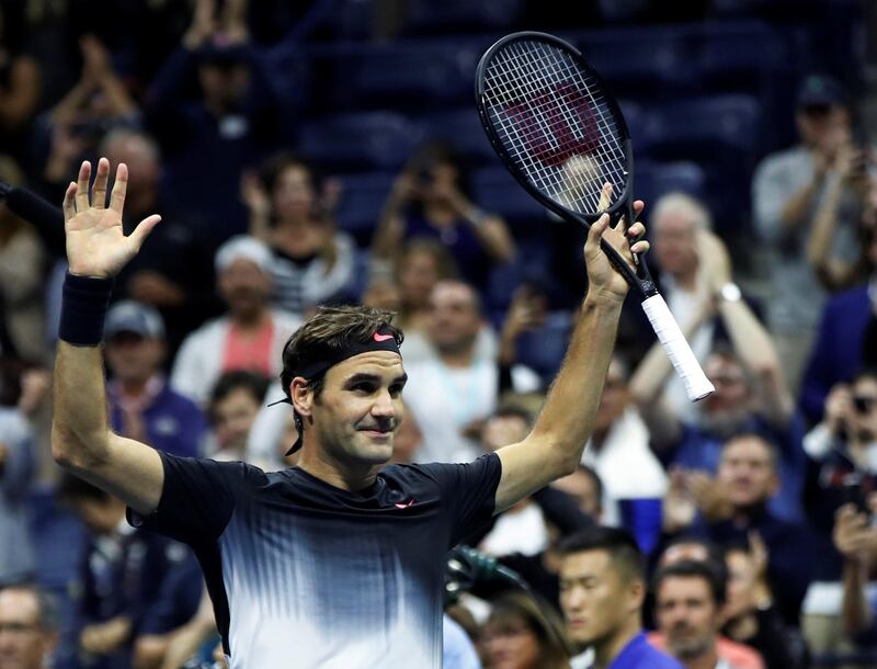 Tennis - US Open - New York, U.S. - August 29, 2017 -  Roger Federer of Switzerland celebrates his win against Frances Tiafoe of the United States during their first round match.   REUTERS/Shannon Stapleton