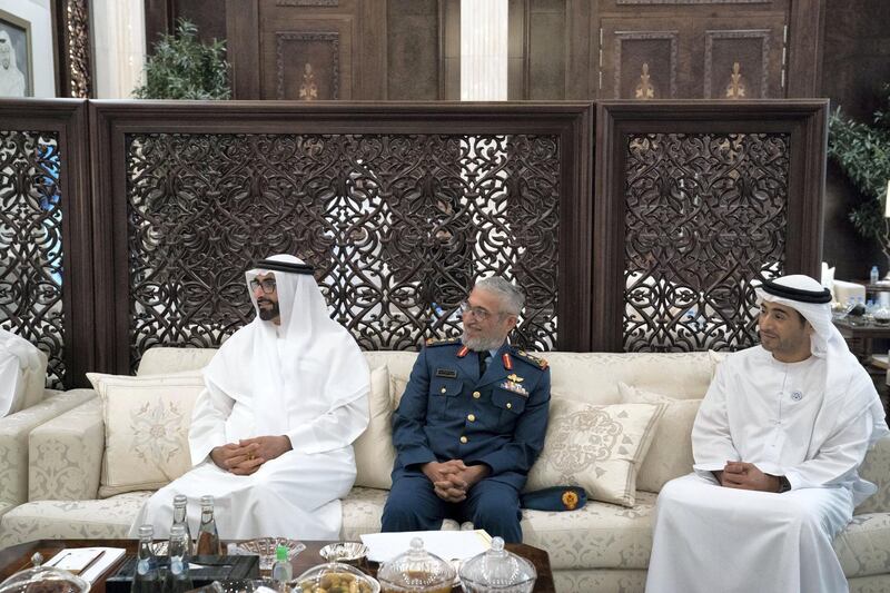 ABU DHABI, UNITED ARAB EMIRATES - May 22, 2018: HE Mohamed Ahmad Al Bowardi, UAE Minister of State for Defence Affairs (L) and HE Major General Essa Saif Al Mazrouei, Deputy Chief of Staff of the UAE Armed Forces (2nd L), attend a meeting with General John Nicholson, the senior US commander in Afghanistan (not shown), during an iftar reception at Al Bateen Palace. 

( Hamad Al Kaabi / Crown Prince Court - Abu Dhabi )
—