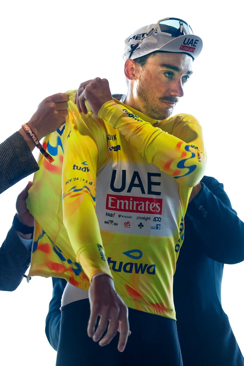 US rider Brandon McNulty with the yellow jersey after winning the Volta Valenciana. EPA