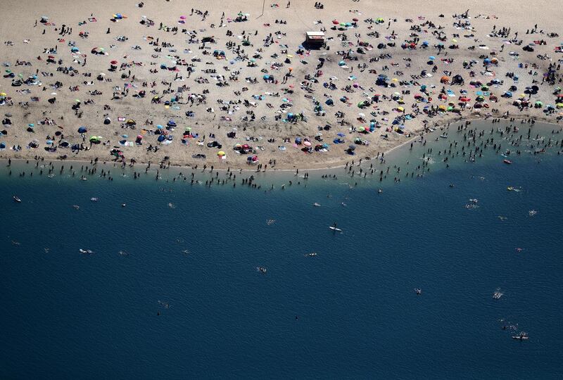 An aerial view showing people enjoying a sunny and hot day at a lake in Haltern am See, Germany. EPA