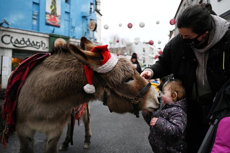 Two-year-old Sofia Fox is nuzzled by a donkey wearing a Santa hat in a shopping street amid the spread of the coronavirus disease pandemic, in Galway, Ireland. Reuters