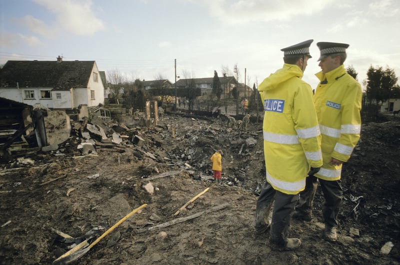 Ruined houses in the town of Lockerbie, after the bombing of Pan Am Flight 103 from London to New York, December 1988. (Photo by Tom Stoddart/Getty Images)