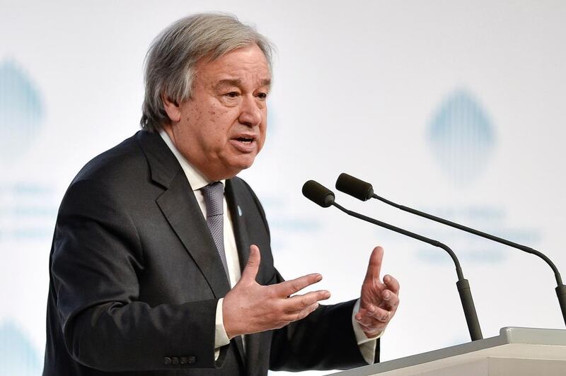 Antonio Guterres, Secretary General of the United Nations, speaks at the World Government Summit 2017 in Dubai's Madinat Jumeirah on February 13, 2017. Guterres said he "deeply" regretted opposition to former Palestinian prime minister Salam Fayyad as the organisation's peace envoy to Libya, days after Washington vetoed the appointment. / AFP / STRINGER

