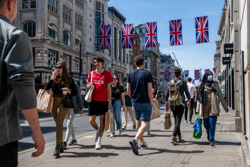 Shoppers on Oxford Street in London. Retail sales showed a surprise increase in April. Bloomberg