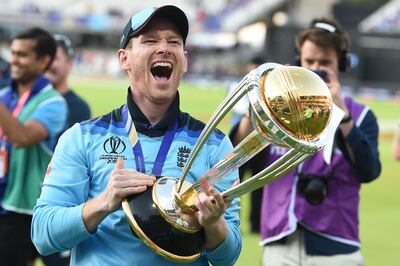 England captain Eoin Morgan with the 2019 World Cup trophy after defeating New Zealand in the final at Lord's. AFP