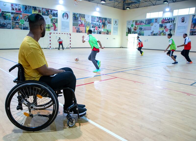 Former Emirati footballer Ahmed Al Akberi while training the deaf football team at Zayed Higher Organization for People of Determination. He is the first disabled athlete to receive an AFC accreditation to become a sports coach.