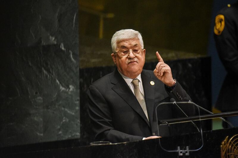 NEW YORK, NY - SEPTEMBER 26 : Palestinian President Mahmoud Abbas speaks during the 74th United Nations General Assembly at the United Nations on September 26, 2019 in New York City. Abbas was expected to renew his pledge to hold parliamentary elections once he returns home, though he has made similar pledges in recent years. Palestinians last held elections in 2006.   Stephanie Keith/Getty Images/AFP
== FOR NEWSPAPERS, INTERNET, TELCOS & TELEVISION USE ONLY ==
