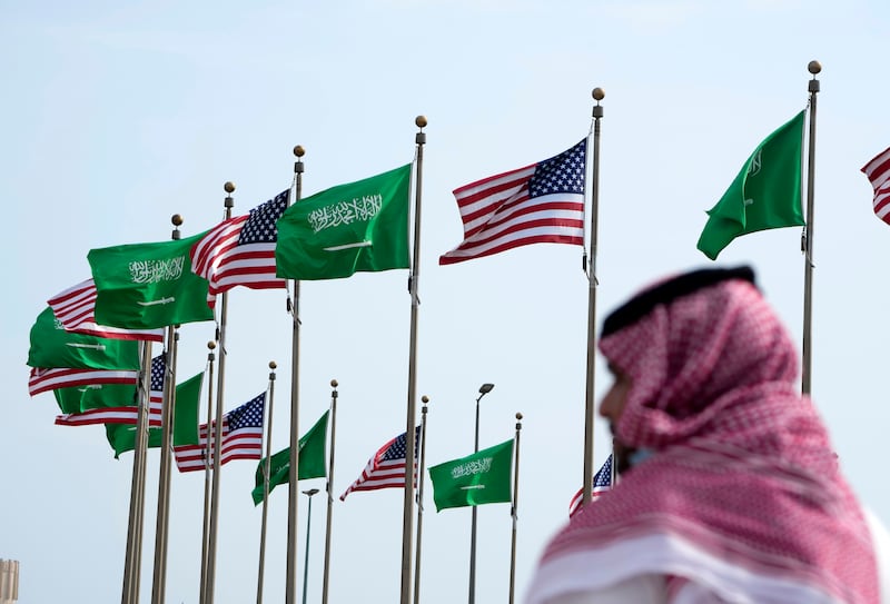 US and Saudi Arabian flags in a square in Jeddah, Saudi Arabia, before US President Joe Biden's visit. AP