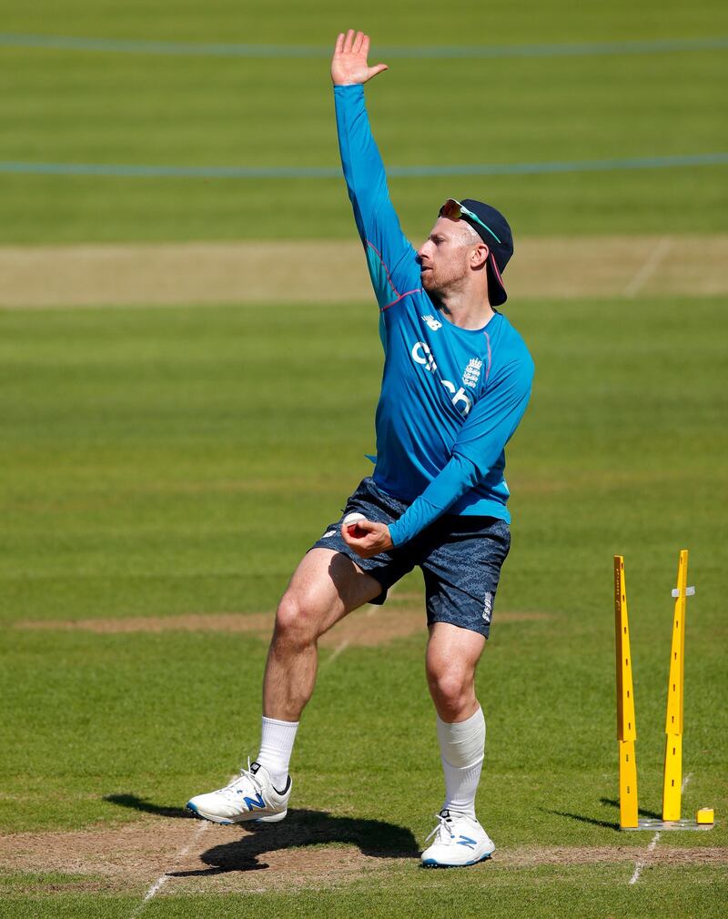 England's Jack Leach bowls during a practice session at Lord's. AP