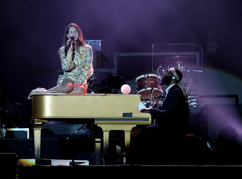 Abu Dhabi, United Arab Emirates - November 28th, 2019: Lana Del Rey performs at the F1 concert. Saturday, November 30th, 2019. Du Arena, Abu Dhabi. Chris Whiteoak / The National