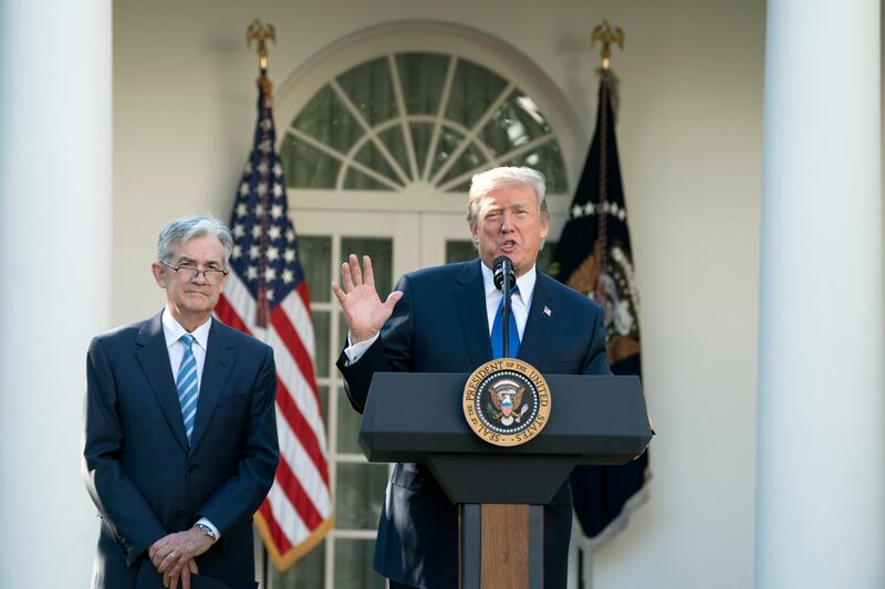 epa06304748 US President Donald J. Trump (R) announces Jerome Powell (L) as his nominee for Chair of the Board of Governors of the Federal Reserve System, in the Rose Garden of the White House in Washington, DC, USA, 02 November 2017. If confirmed, Jerome Powell will succeed Janet Yellen as chair of the US central bank.  EPA/MICHAEL REYNOLDS