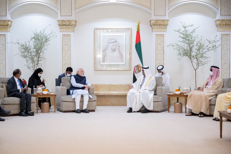President Sheikh Mohamed meets Mr Modi alongside Sheikh Tahnoon bin Zayed, UAE National Security Adviser.