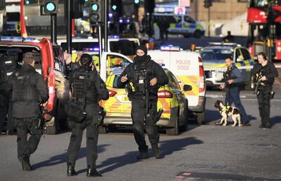 LONDON, ENGLAND - NOVEMBER 29: Metropolitan Police Armed Response officers gather near Borough Market after reports of shots being fired on London Bridge on November 29, 2019 in London, England. Police responded to an incident around 2:00 pm local time, followed by reports of gunfire. (Photo by Chris J Ratcliffe/Getty Images)