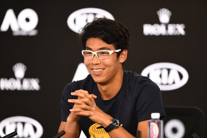 epa06475327 Hyeon Chung of South Korea attends a press conference after he retired from the match during the men's semifinal against  Roger Federer of Switzerland on day twelve of the Australian Open tennis tournament, in Melbourne, Australia, 26 January 2018.  EPA/DEAN LEWINS EDITORIAL USE ONLY