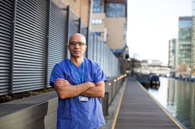 Dr Ahmed El Hadad, Egyptian ICU Consultant overseeing the team at St Mary’s Hospital, Paddington. Photographed for the National UAE alongside an interview about his work during the Covid 19 Pandemic. Location: Paddington Basin behind St Mary's Hospital.