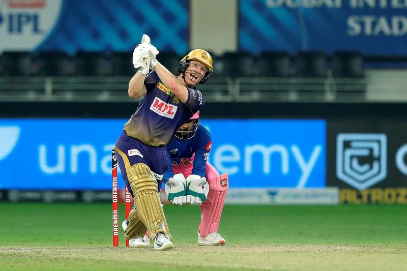 Eoin Morgan, captain of Kolkata Knight Riders hit the sixes  during match 54 of season 13 of the Dream 11 Indian Premier League (IPL) between the Kolkata Knight Riders and the Rajasthan Royals held at the Dubai International Cricket Stadium, Dubai in the United Arab Emirates on the 1st November 2020.  Photo by: Saikat Das  / Sportzpics for BCCI