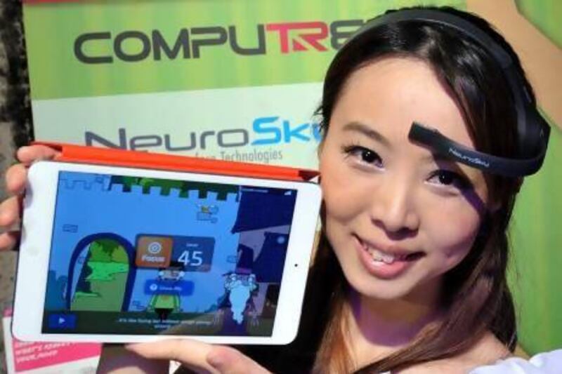 NeuroSky's brainwave starter kit called MindWave Mobile is displayed at the Computex Taipei show in May. Mandy Cheng / AFP